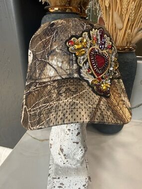 Embellished Sequined Camo Baseball Cap with Red Heart Accent